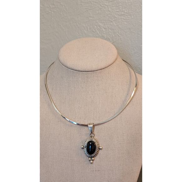 Vintage Handmade Mexico 925 Black Onyx Sterling Silver Hook Collar Necklace - Picture 7 of 8